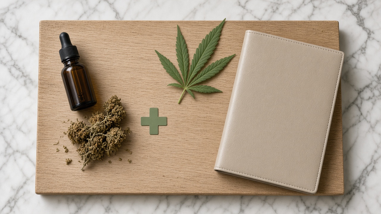 Proposition de loi CBD : flacon ambré, fleurs de chanvre, feuille et croix verte sur planche en bois clair et marbre blanc