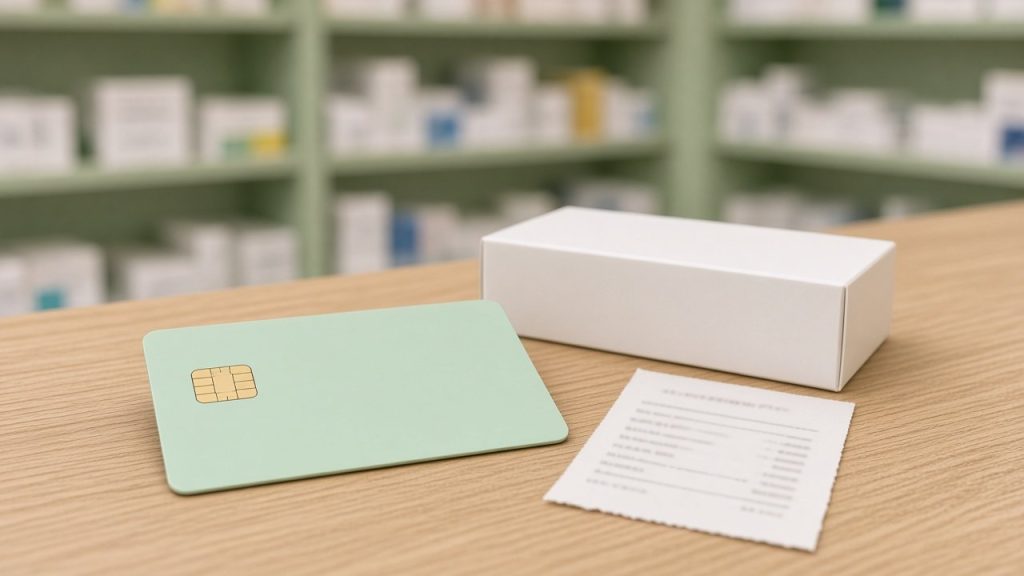 Carte d'assurance maladie, boîte de médicament et ticket sur un comptoir