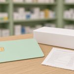 Carte d'assurance maladie, boîte de médicament et ticket sur un comptoir