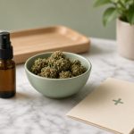 Sativex en France : flacon spray ambré, bol vert sauge de fleurs de cannabis médical et carte beige à croix verte sur plateau en chêne clair