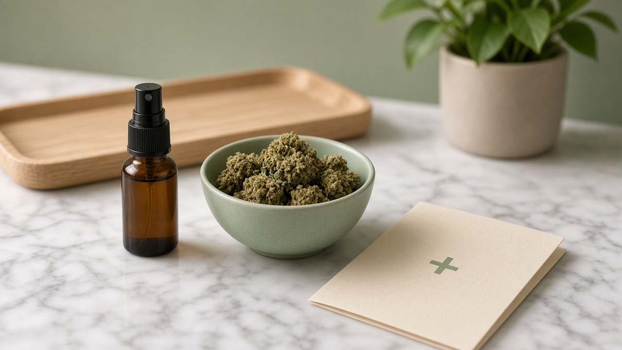 Sativex en France : flacon spray ambré, bol vert sauge de fleurs de cannabis médical et carte beige à croix verte sur plateau en chêne clair