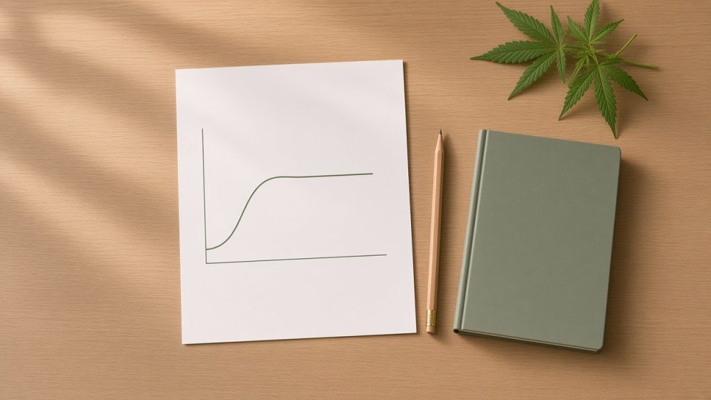 Feuille montrant une courbe dose-effet en plateau sur un bureau en chêne
