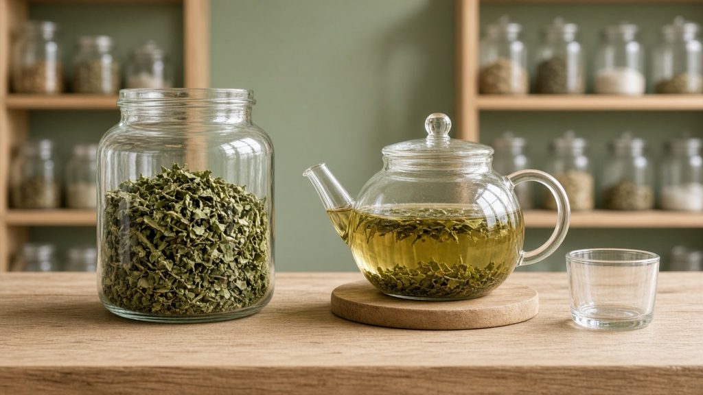 Bocal en verre rempli de feuilles de chanvre séchées à côté d’une théière en verre contenant une infusion dorée, et d’un verre vide, sur le comptoir en bois clair d’une herboristerie lumineuse, devant des étagères de bocaux et un mur vert sauge