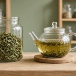 Bocal en verre rempli de feuilles de chanvre séchées à côté d’une théière en verre contenant une infusion dorée, et d’un verre vide, sur le comptoir en bois clair d’une herboristerie lumineuse, devant des étagères de bocaux et un mur vert sauge