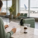 Patiente vue de dos dans un hall d’aéroport lumineux, préparant sur une table en bois son flacon de traitement, une ordonnance et un formulaire tamponné à côté d’une petite valise