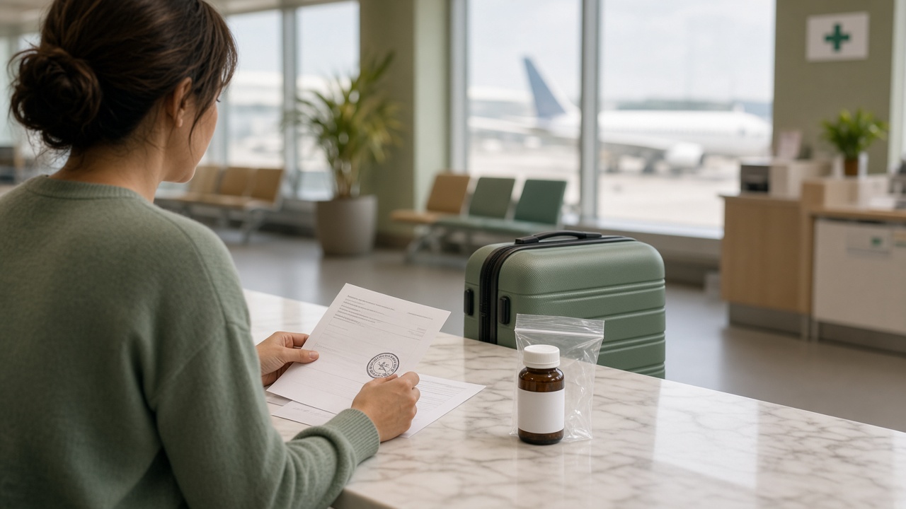 Patiente vue de dos dans un hall d’aéroport lumineux, préparant sur une table en bois son flacon de traitement, une ordonnance et un formulaire tamponné à côté d’une petite valise