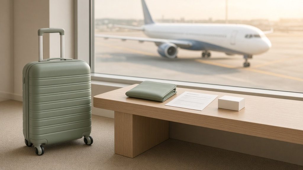 Valise vert sauge et formulaire de voyage devant une piste d'aéroport