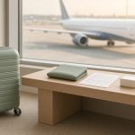 Valise vert sauge et formulaire de voyage devant une piste d'aéroport